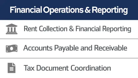 The image lists property management services of financial operations and reporting: rent collection and financial reporting, accounts payable and receivable and tax document coordination.
