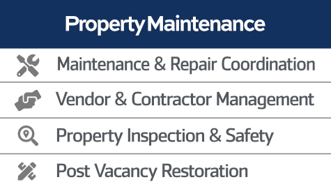The image lists property management services of property maintenance: maintenance and repair coordination, vendor and contractor management, property inspection and safety, and post vacancy restoration.